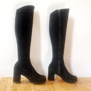 Vintage 1970s black suede thigh high tall boots leather hippie boho chunky heel